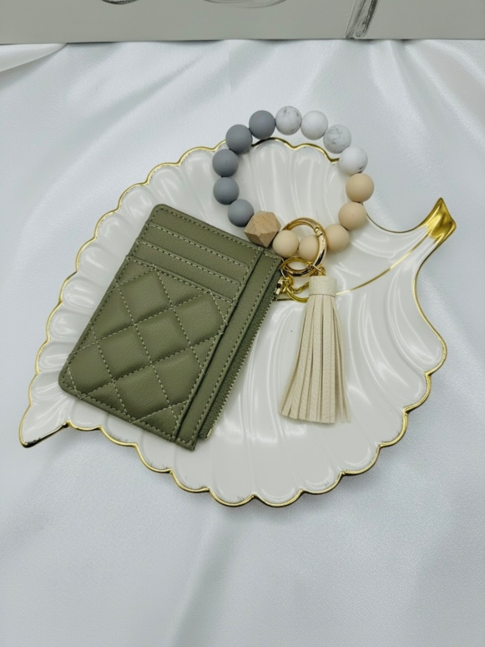 Sage Green Quilted Card Holder Wallet Wristlet Keychain Tassel